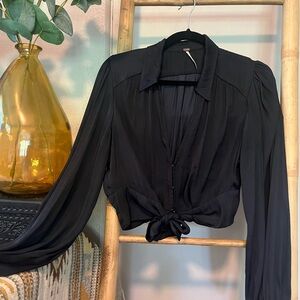 Free People Black Silk Crop Blouse
